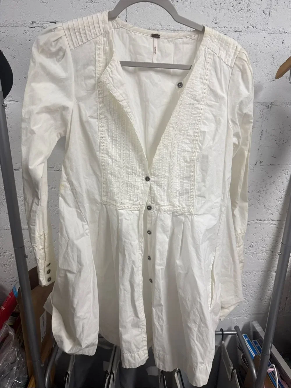 White Button-Front Tunic with Pintuck Details - FREE PEOPLE - Size Small - NWOT